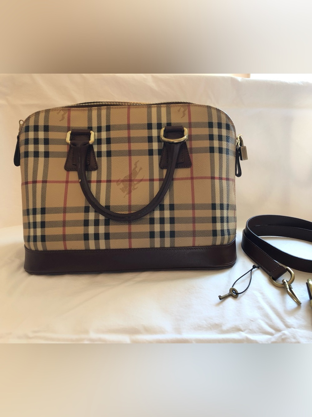Authentic Burberry Haymarket Check Piccadilly Bowler Bag - Dark Brown Trim